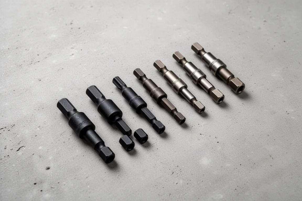 Workbench flat-lay of several locking bit holders of different lengths