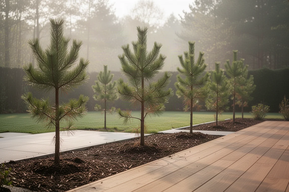 Aangelegde achtertuin met jonge dennenbomen langs een houten terras in het ochtendlicht