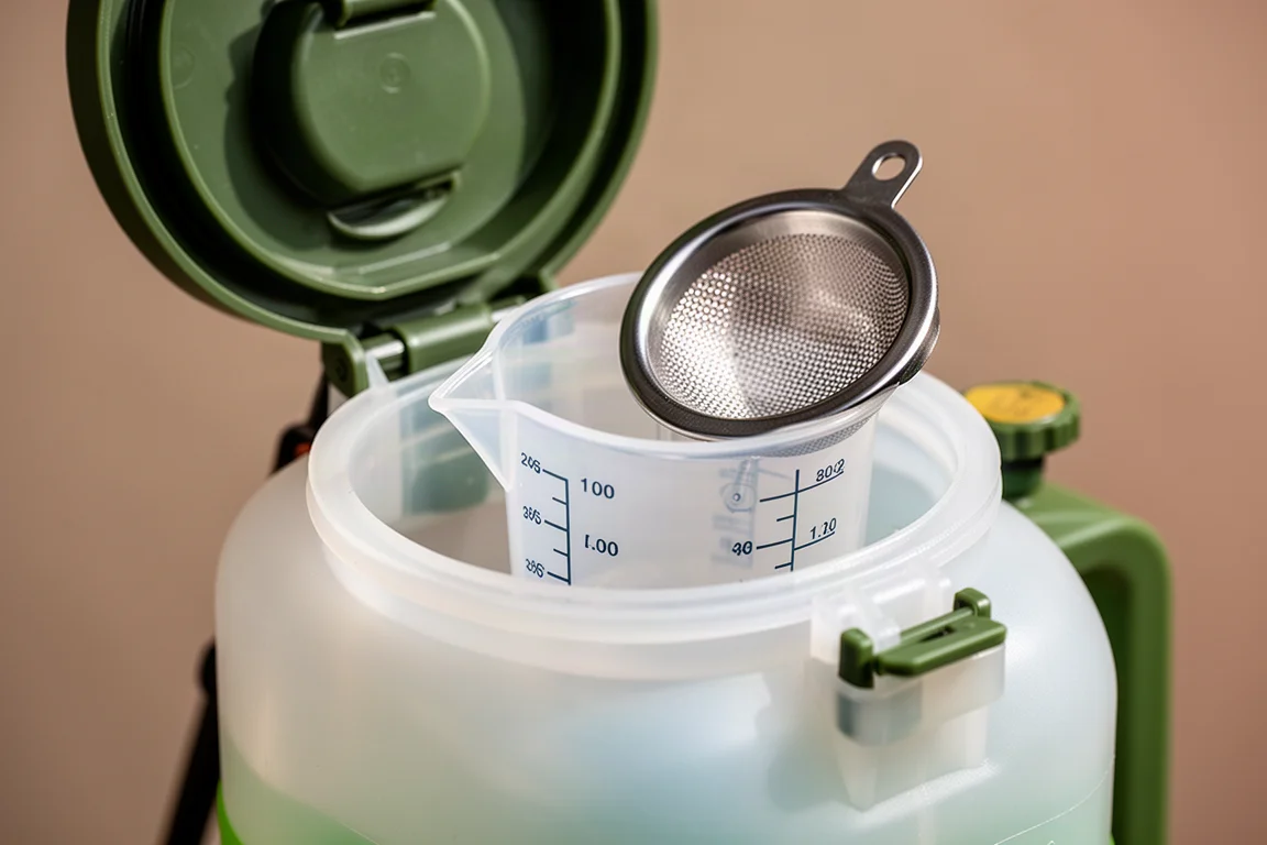 Geopende deksel van de sprayer met maatbeker en zeef in de tank zichtbaar