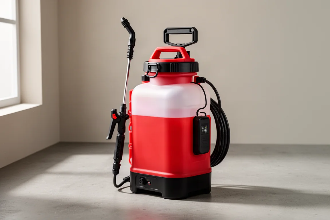 Spruzzatore Milwaukee M12 senza fili da 2 galloni appoggiato su una superficie in cemento