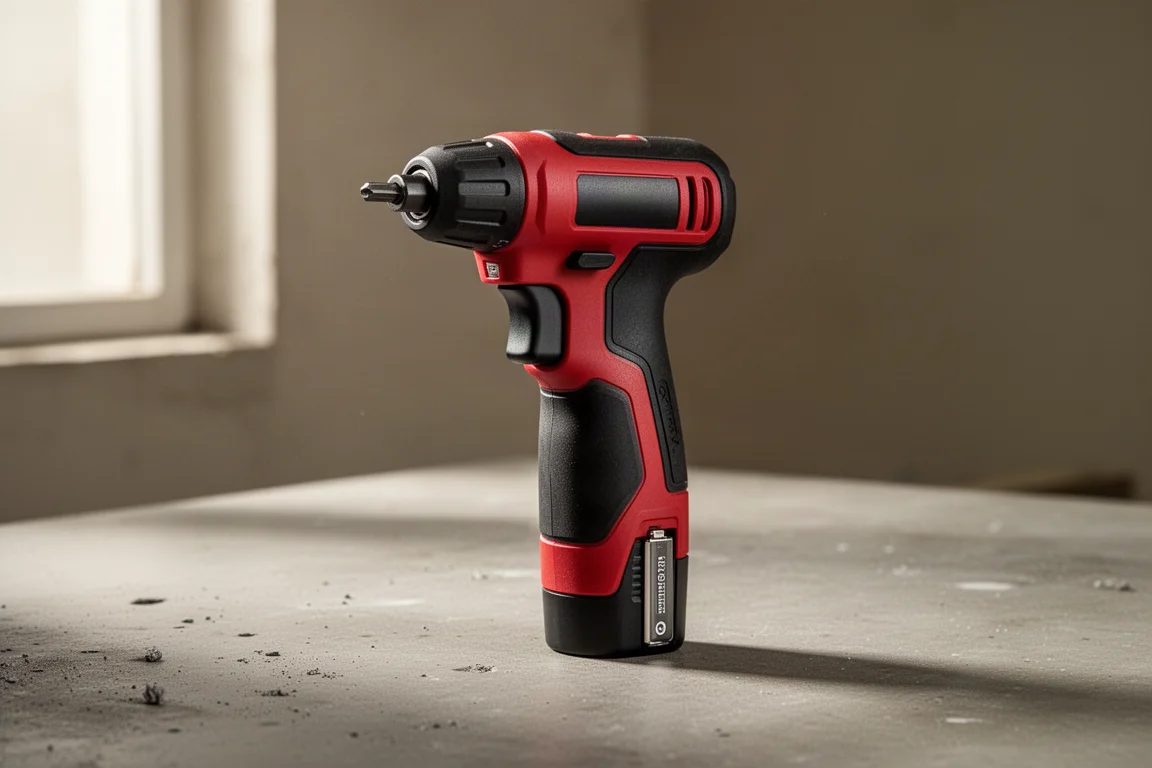 Cacciavite compatto a batteria rosso e nero con impugnatura a pistola su una superficie di cemento