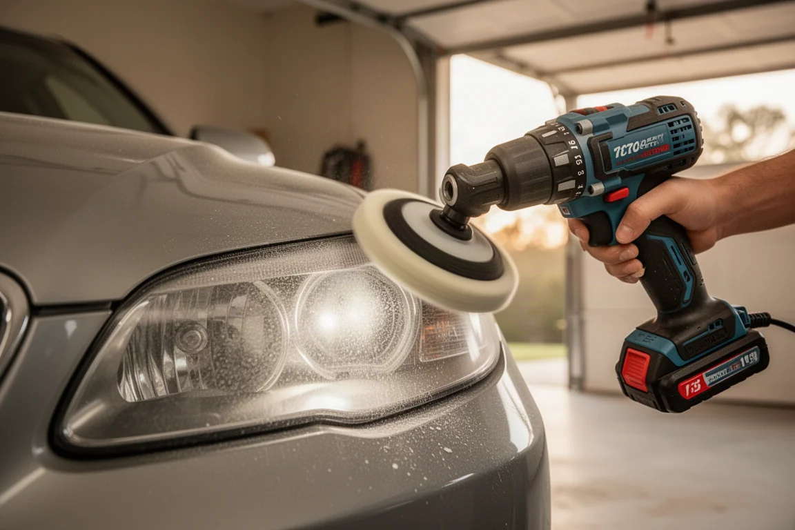 Levigatrice compatta a batteria che lucida un faro di auto in un garage