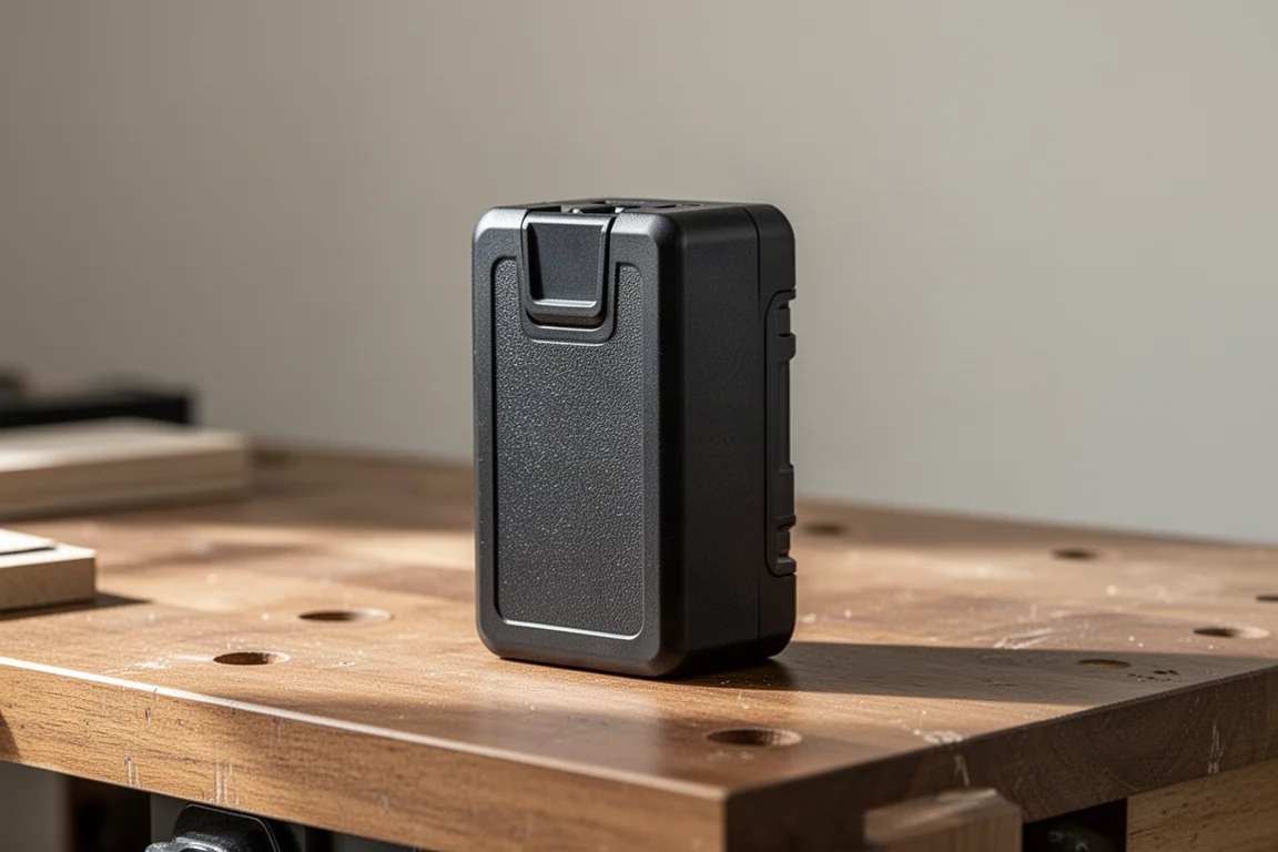 Batteria compatta rossa per utensili a batteria in piedi su una panca di lavoro