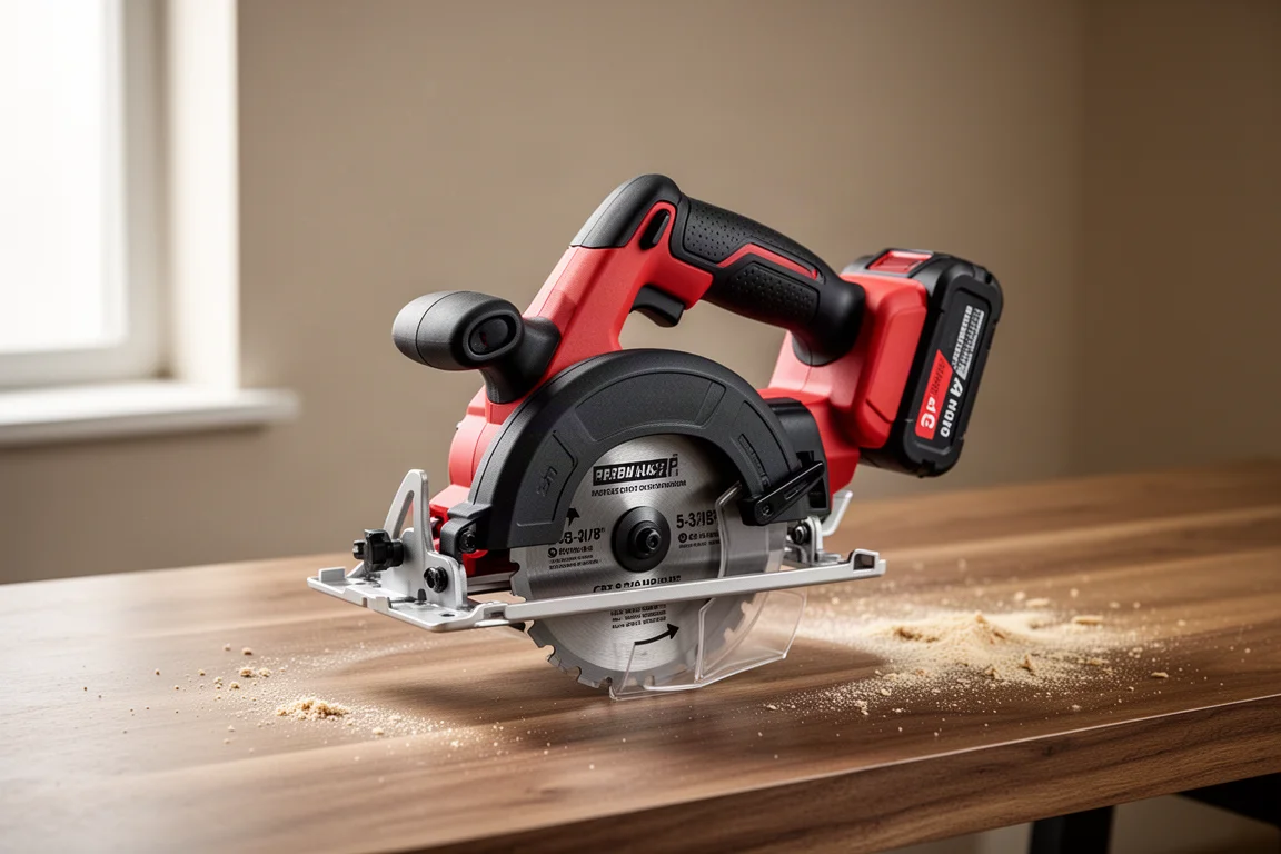Compact cordless circular saw with battery pack on a wooden workbench