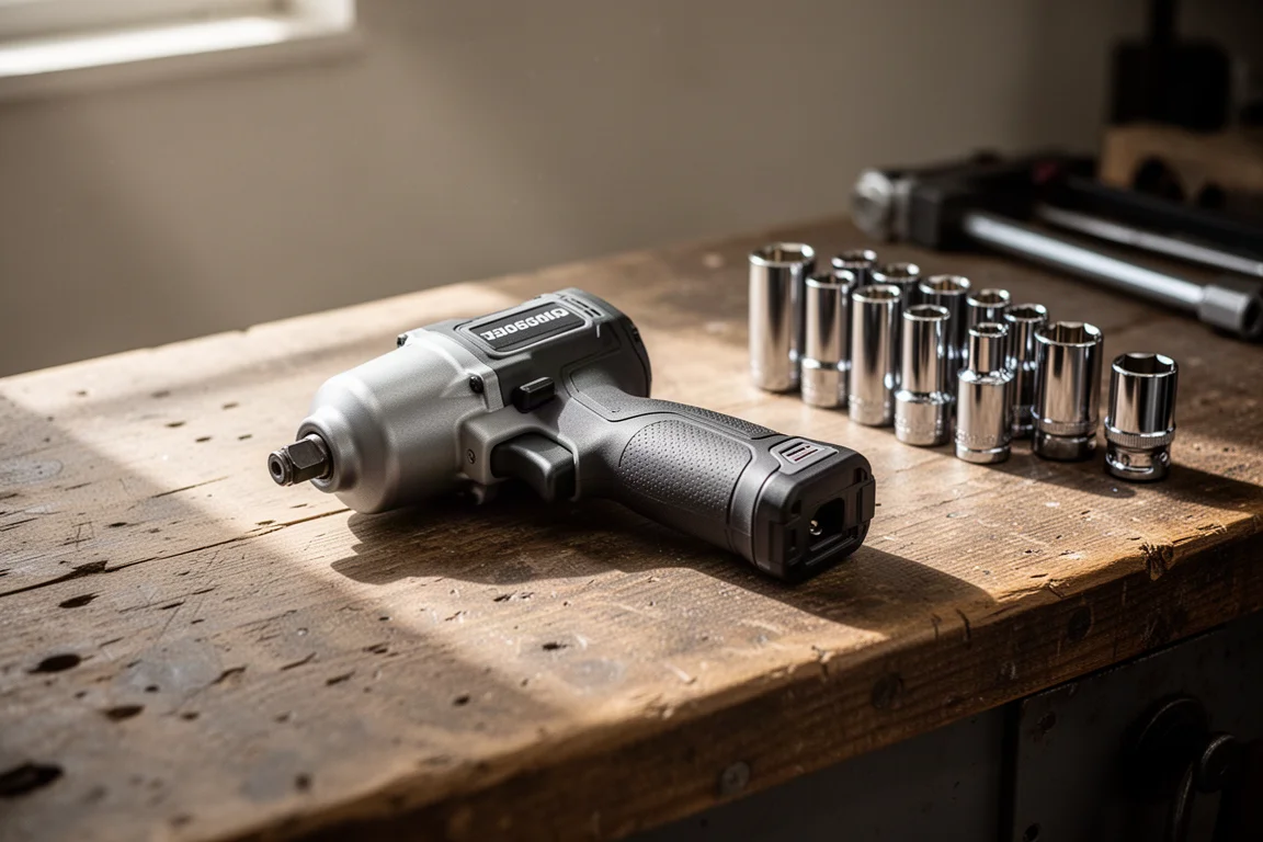 Compact cordless impact wrench resting on a workshop bench under soft light