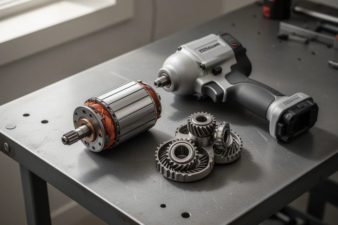 Disassembled impact wrench internals showing motor and hammer assembly on a bench