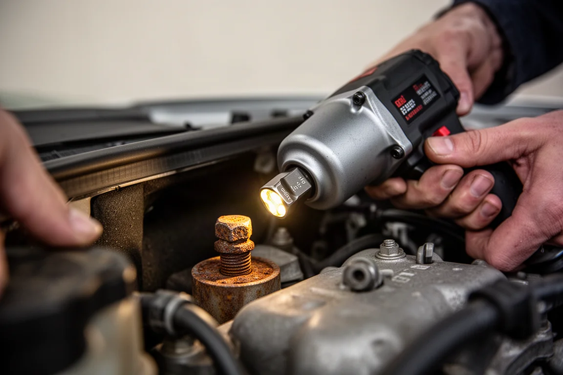 Impact wrench driving a large rusty bolt in a dim engine bay with LED work light glow