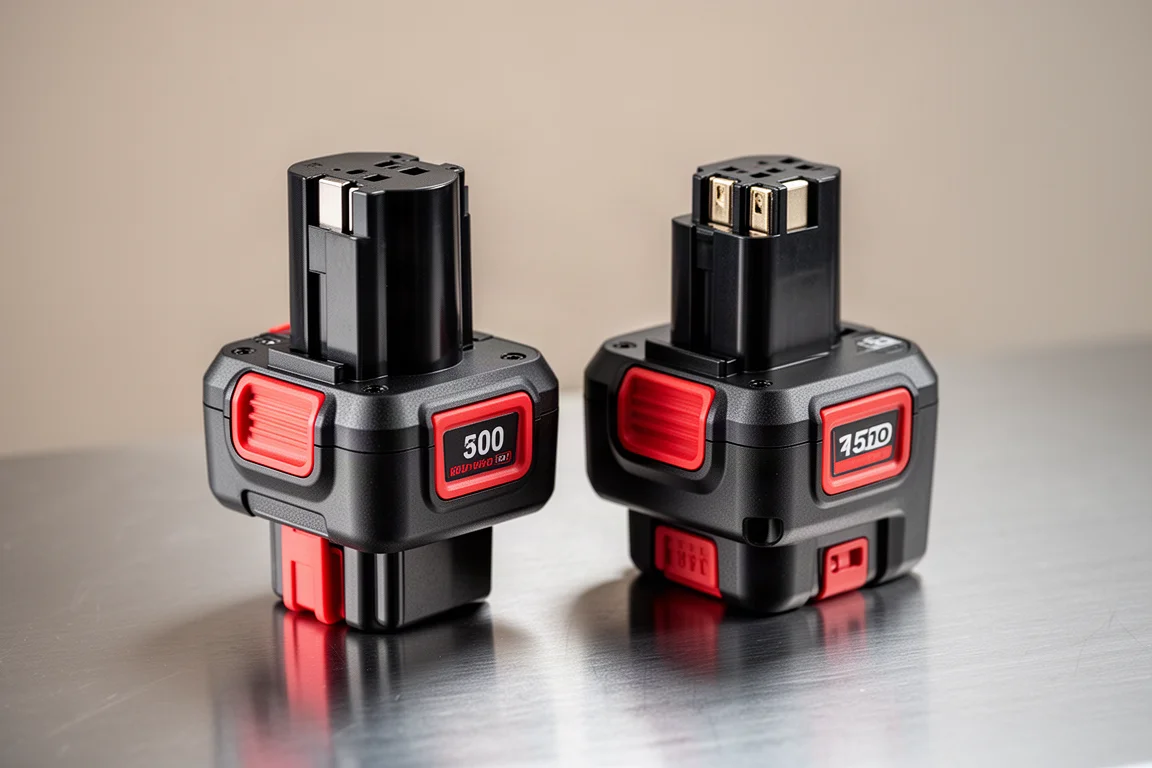Two M12 batteries of different sizes side by side on a workbench