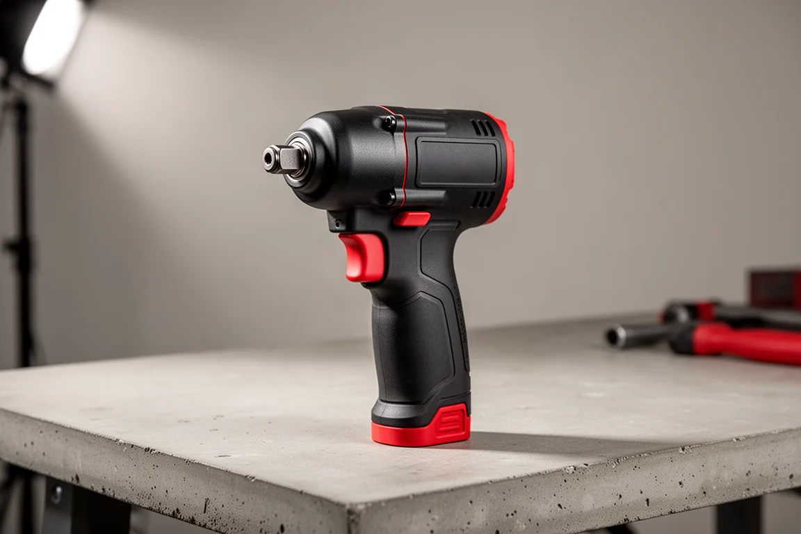 Compact cordless stubby impact wrench standing on a concrete workbench