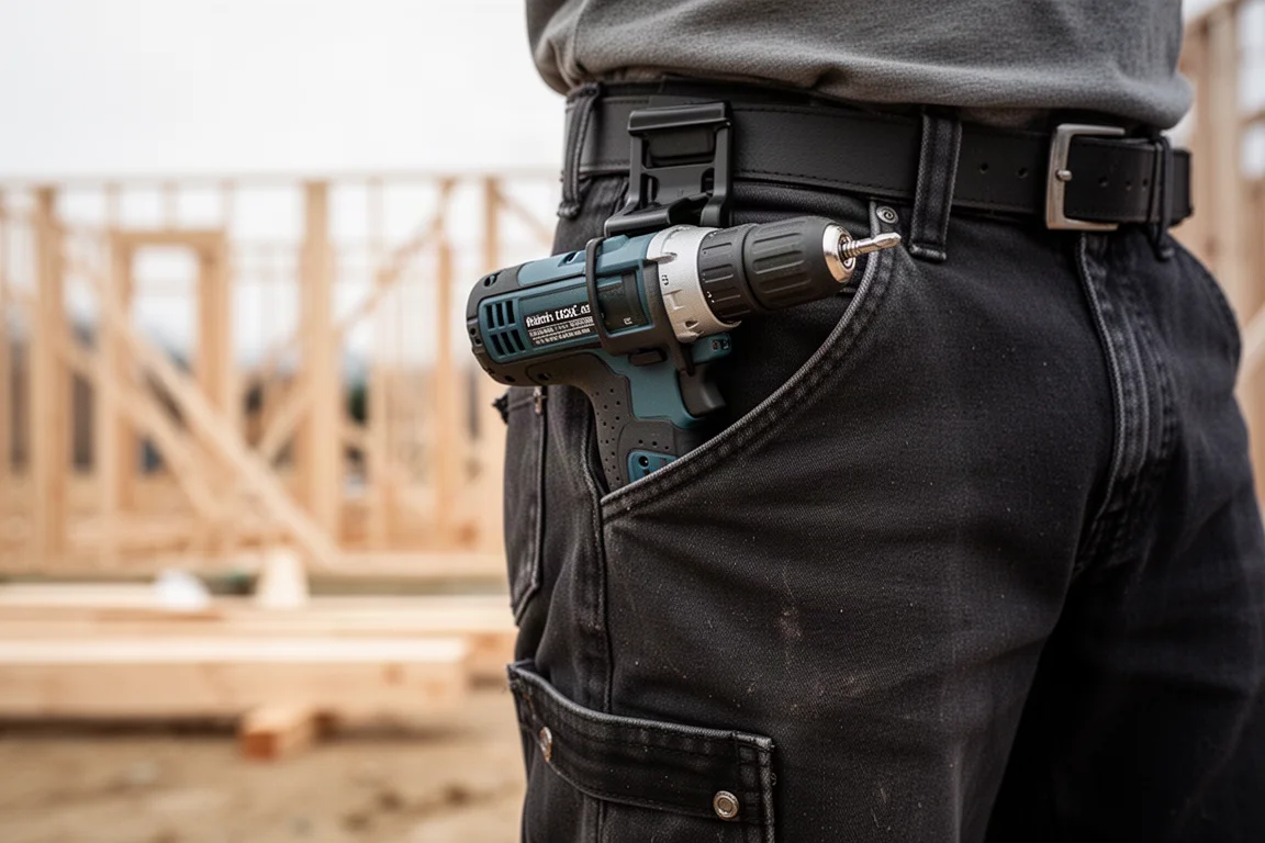 Main d'un menuisier de finition accrochant une ponceuse à la poche de son pantalon sur un chantier