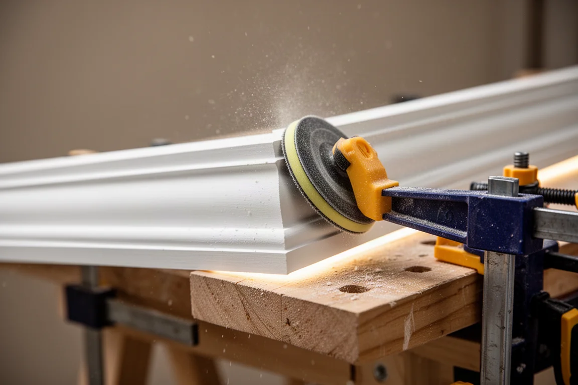 Gros plan sur une ponceuse de finition qui lisse une moulure couronnée dans un coin d'atelier