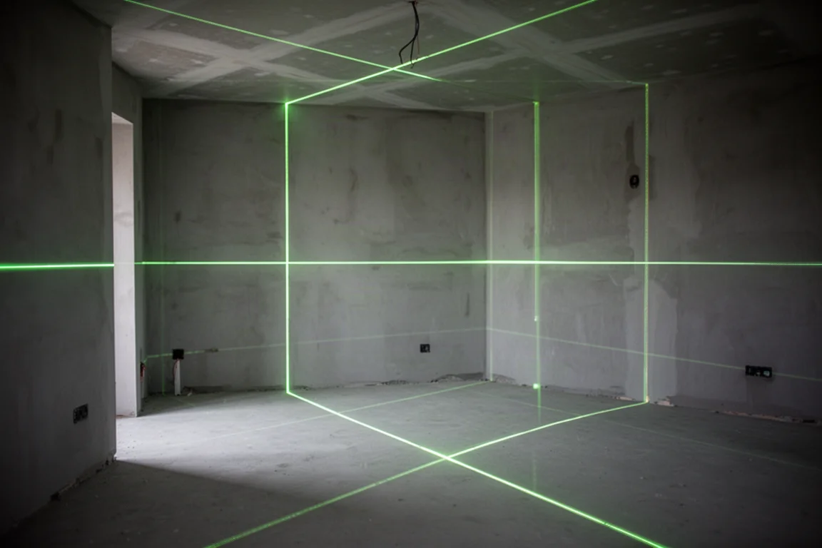 Grüne Laserlinien, die bei der Innenraumausrichtung über einen dunklen Raum projiziert werden