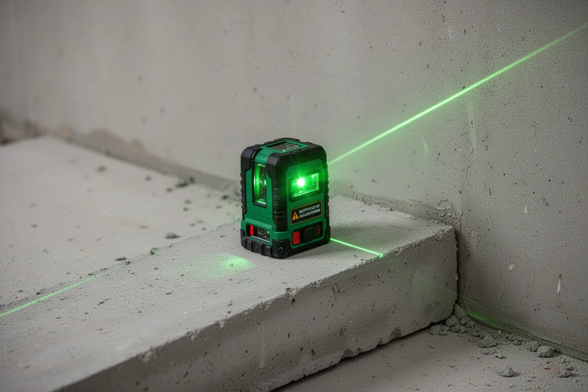 Laserwasserwaage blinkt als Warnung außerhalb des Selbstnivellierungsbereichs auf einer geneigten Fläche
