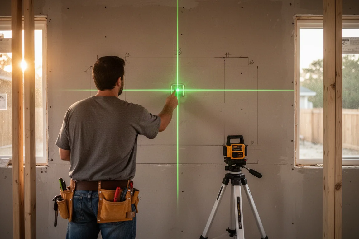 Handwerker nutzt grüne Laserlinien zur Ausrichtung einer Wand auf der Baustelle
