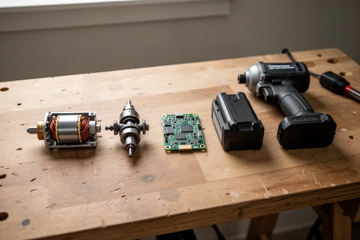 Motor e conjunto de martelo de uma parafusadeira de impacto compacta desmontados sobre a bancada