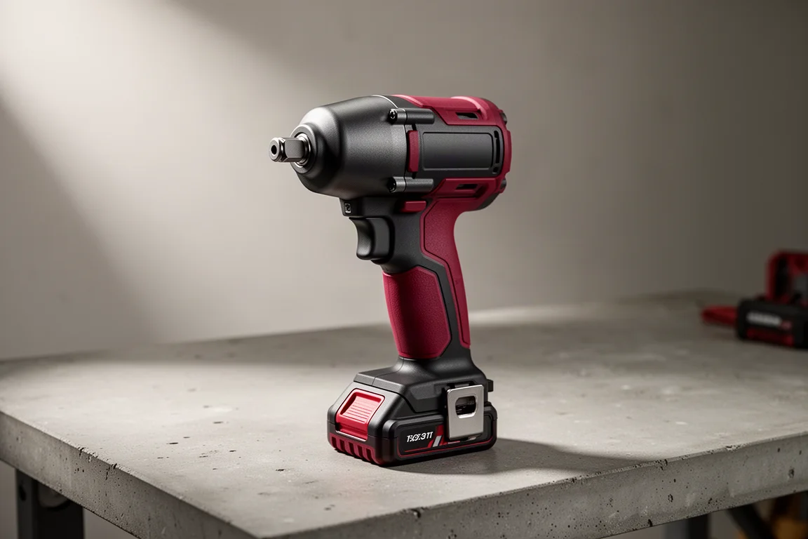 Impact wrench subcompatto compatto Milwaukee su una panca da officina in cemento