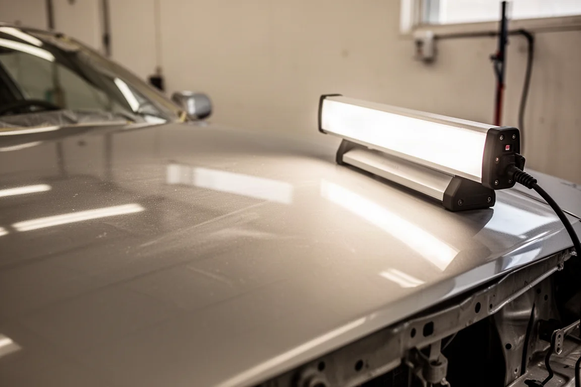 Detailer inspecionando o painel de um carro sob uma luz portátil intensa em uma oficina