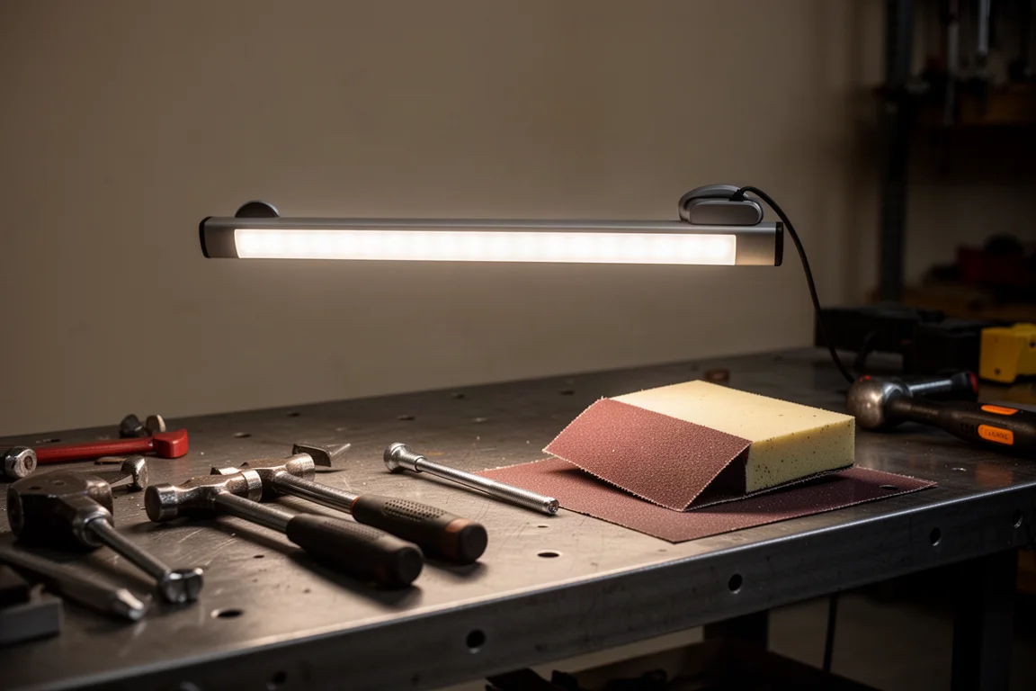 Luz de inspeção fixada magneticamente em uma bancada de metal em uma oficina escura