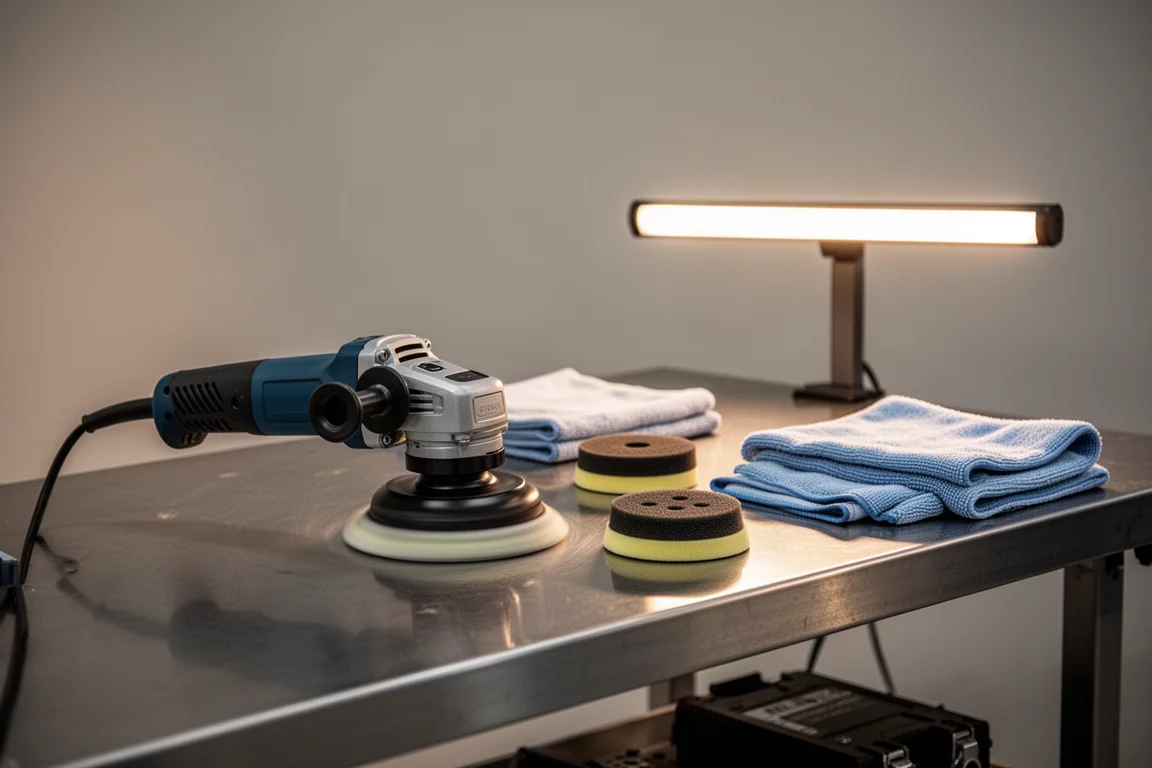 Espaço de trabalho de detailing automotivo com politriz de correção de pintura e pads na bancada