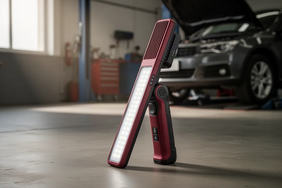 La Milwaukee M12 Body Shop Light in piedi su un pavimento di cemento in un'officina