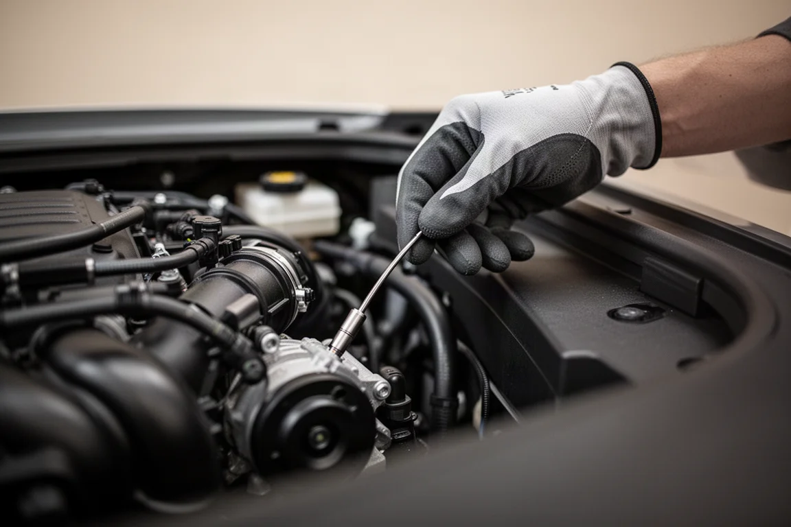 Un técnico guía una sonda delgada de cámara de inspección en lo profundo de un vano motor estrecho