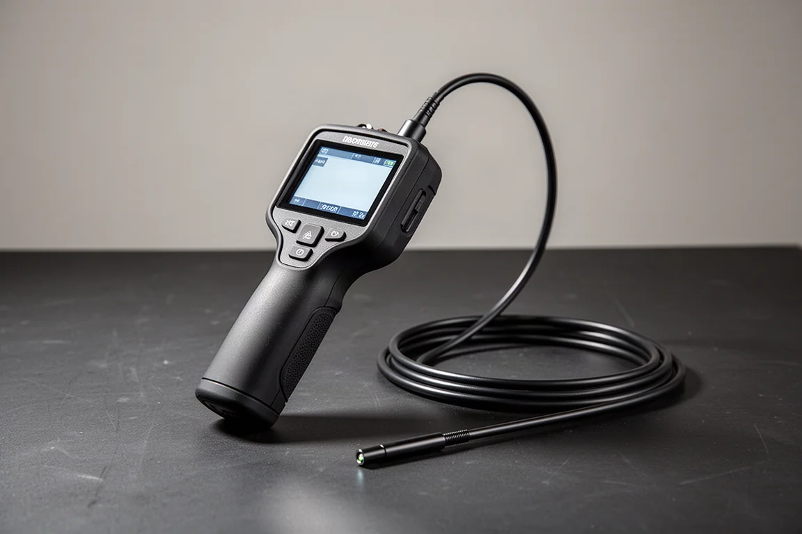 Milwaukee M12 Auto Technician Borescope 3150 with screen and coiled cable on a workbench
