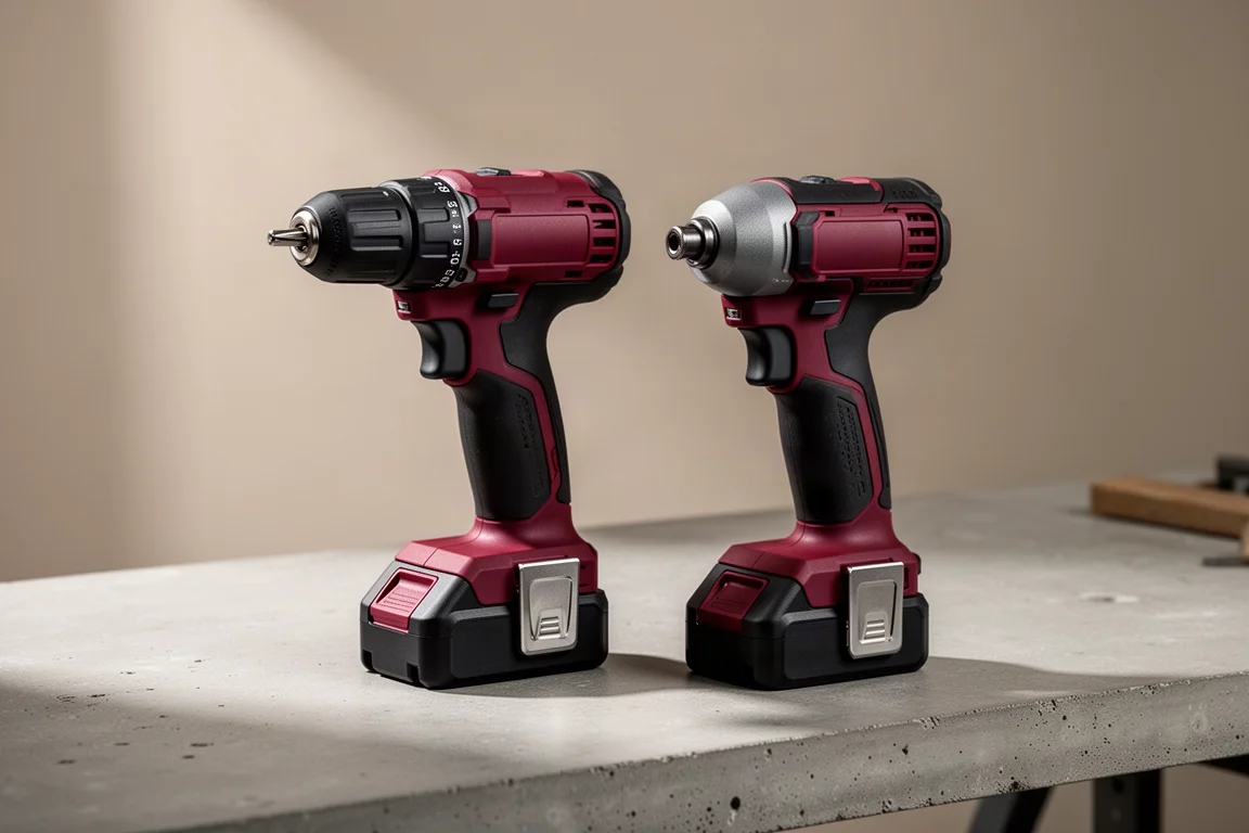 Trapano cordless compatto e avvitatore a impulsi fianco a fianco su una bancata in cemento
