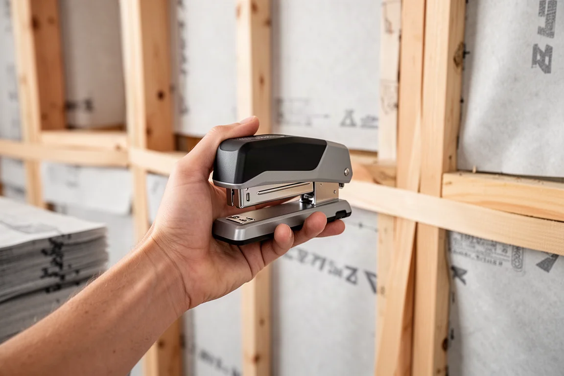 Cordless stapler held in hand on a construction site with building paper in the background