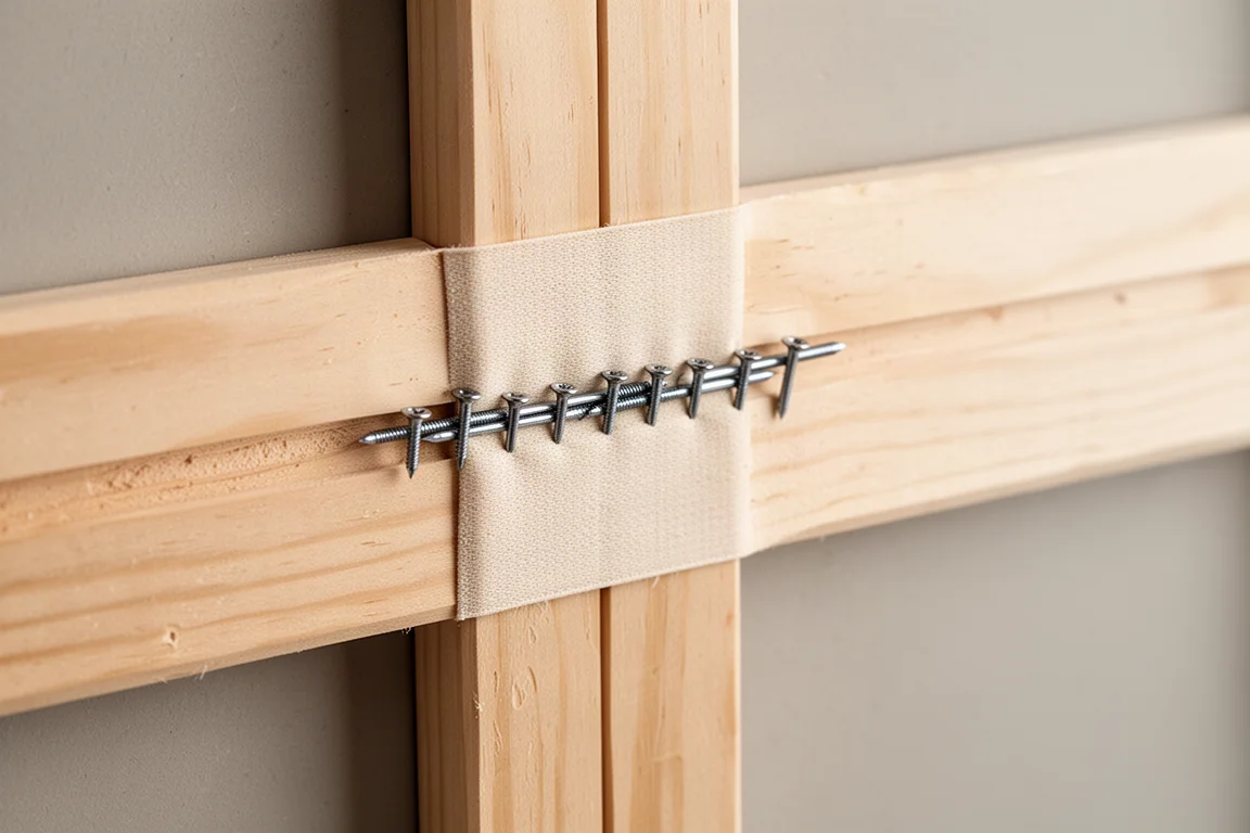 Close-up of staples driven flush into timber strapping on a wall frame