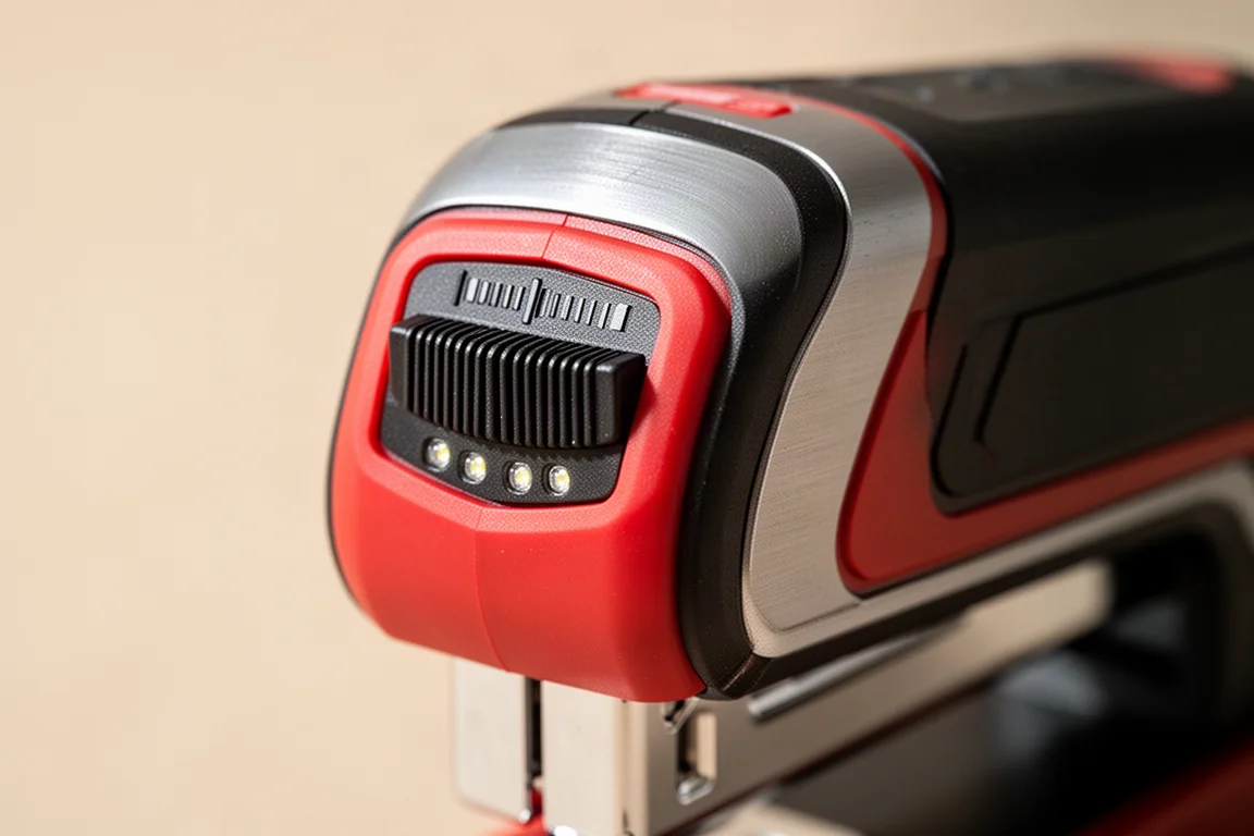 Depth adjustment dial on the nose of a cordless stapler with battery indicator lights