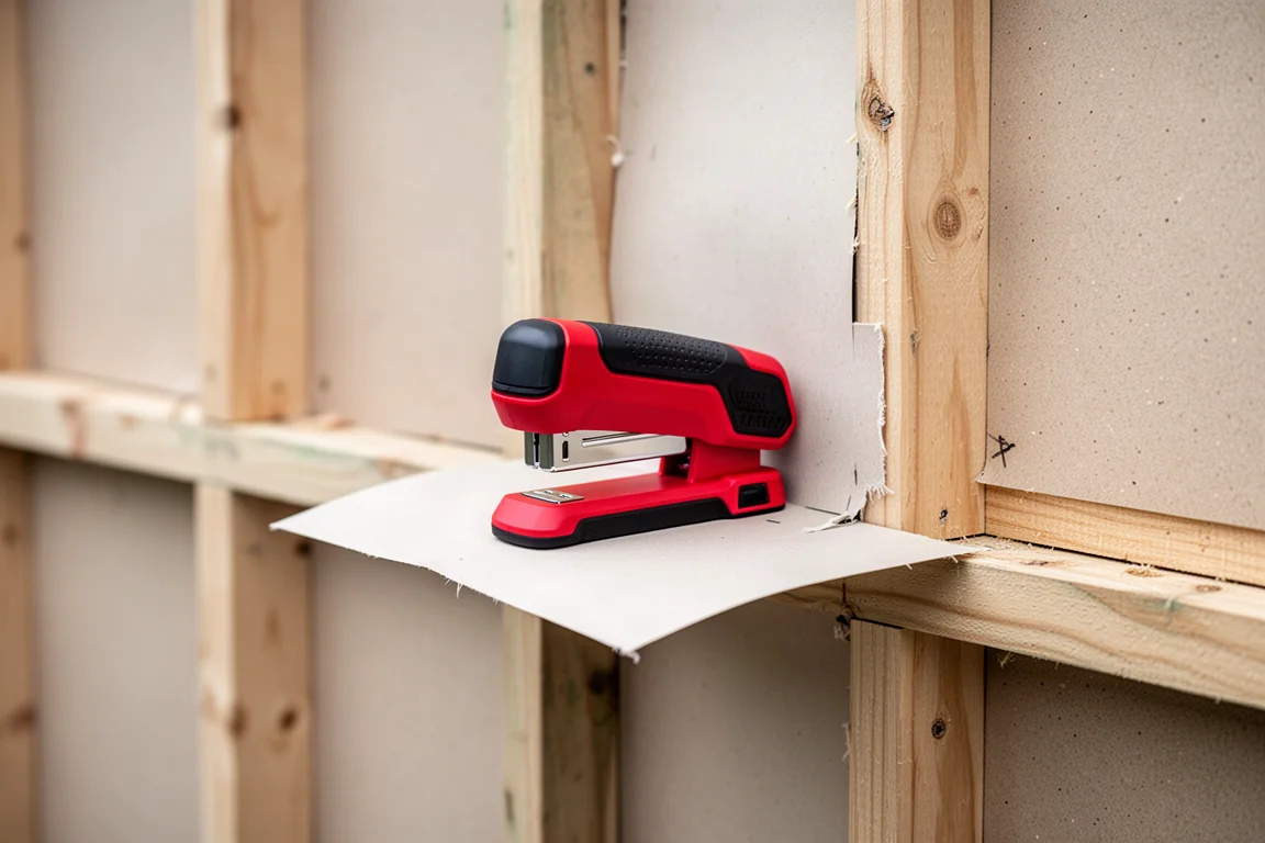 Stapler resting on building paper attached to a timber frame outdoors