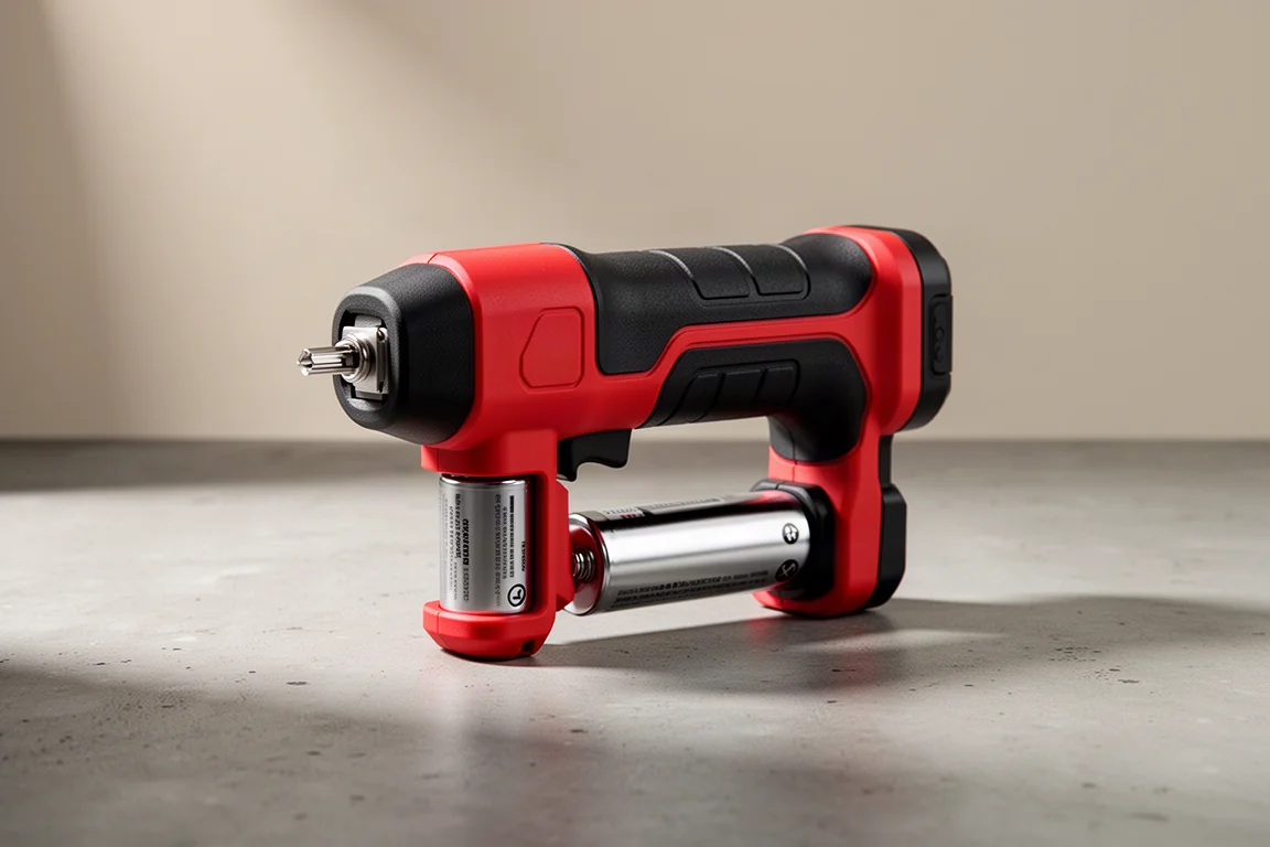 Compact red and black cordless stapler with battery pack on concrete surface