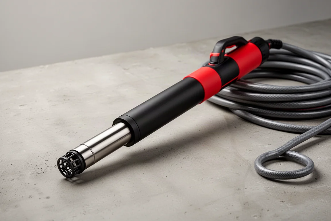 Slender cordless stick pump with red and black housing laid beside a coiled garden hose