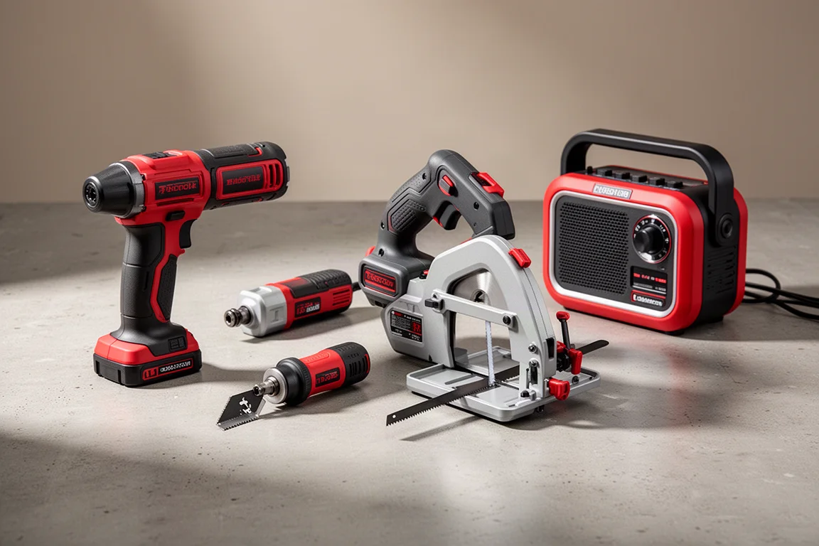 Group of compact Milwaukee M12 cordless power tools on a concrete workshop surface