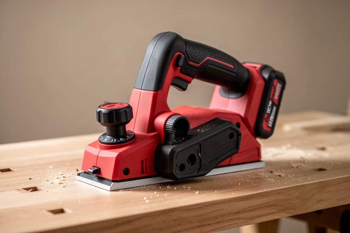 Pialla compatta a batteria Milwaukee M12 su una banca da lavoro in legno