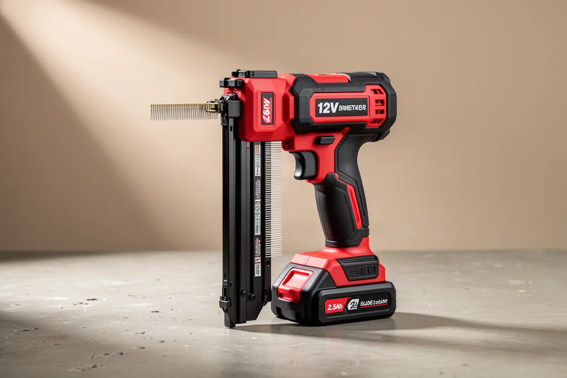 Compact red and black cordless brad nailer with open magazine on concrete surface