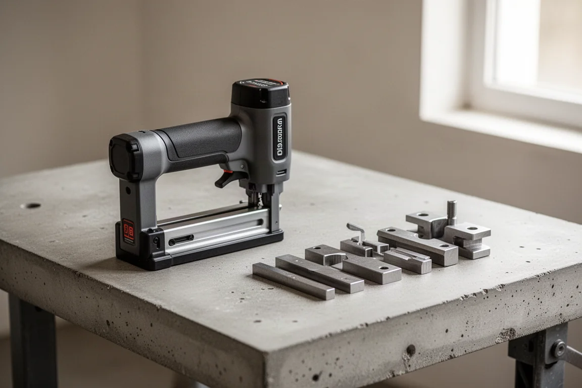 Cordless press tool with a press jaw attached on a clean workbench