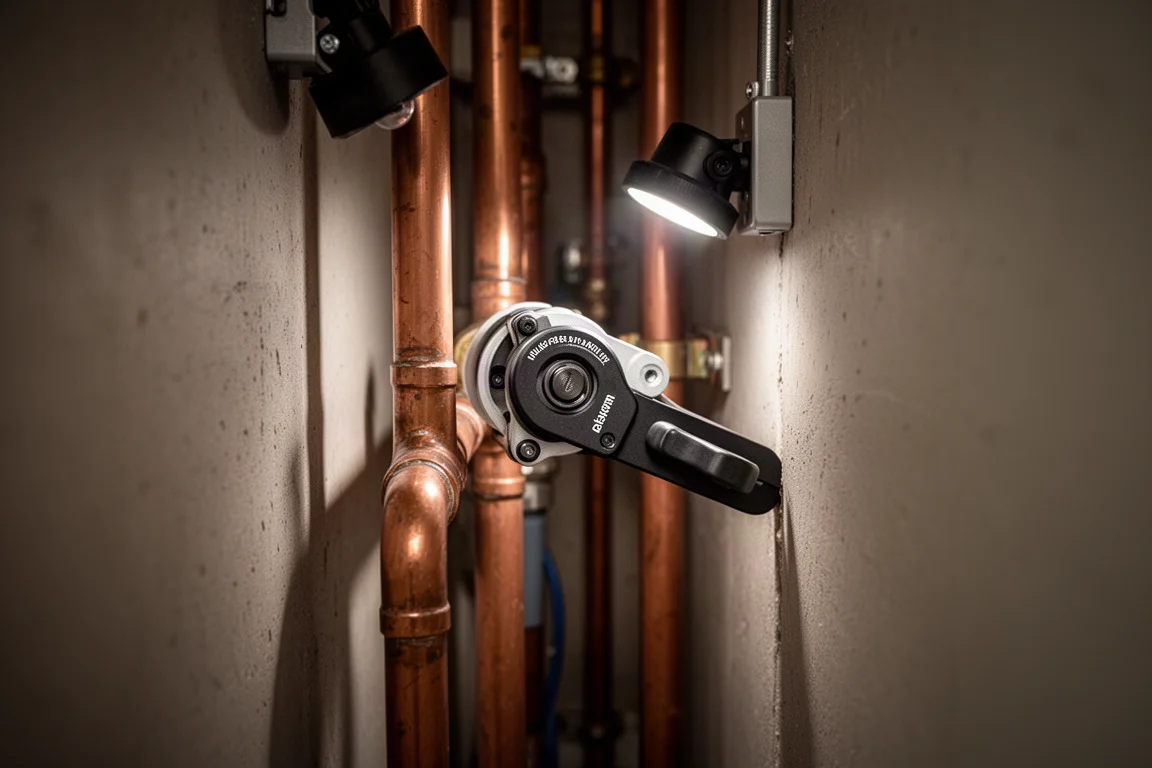 Press tool working in a confined pipe space near a wall