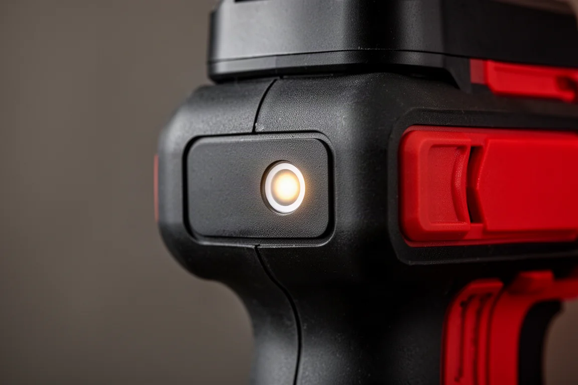 Visual indicator light glowing on the tool body confirming a completed press
