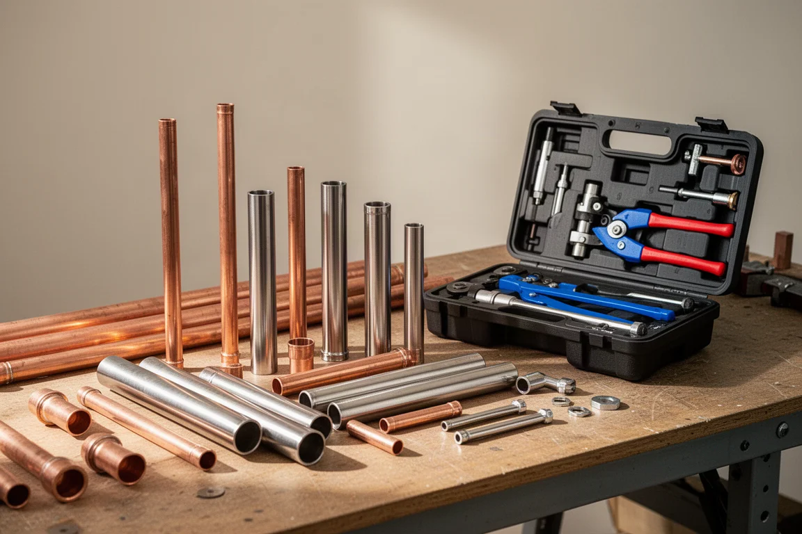 Plumbing work area with copper pipes and a press tool kit laid out