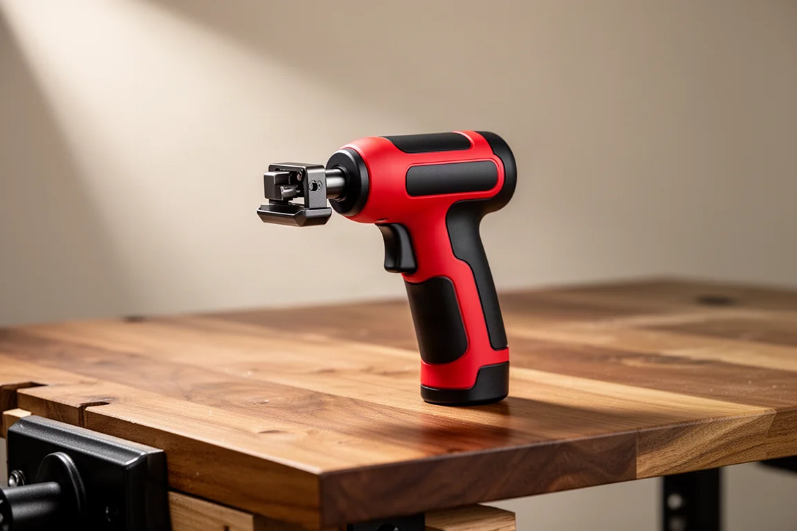 Compact Milwaukee M12 Force Logic press tool with jaw on a wood workbench