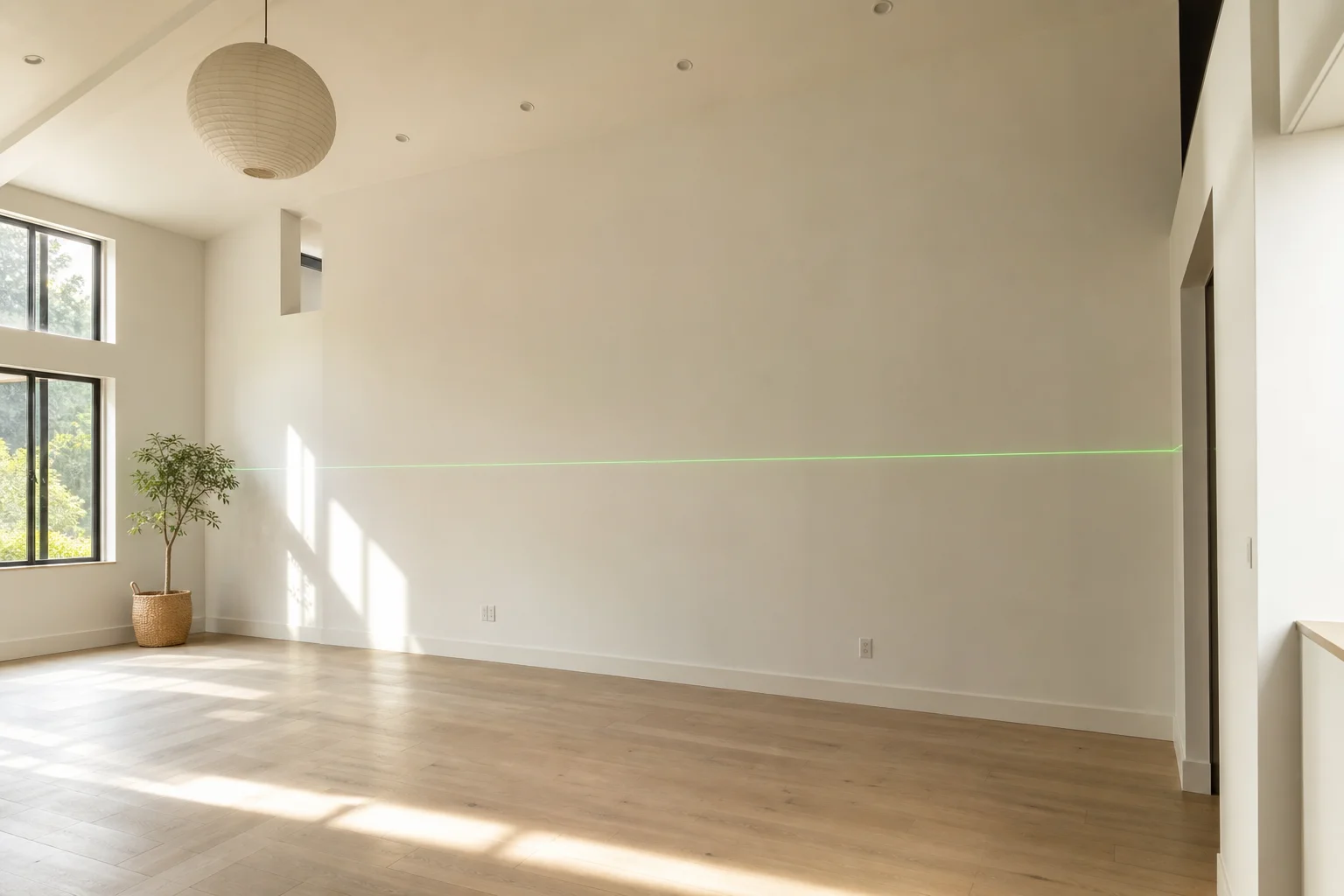 Línea láser verde brillante proyectada horizontalmente a través de una pared interior a plena luz del día
