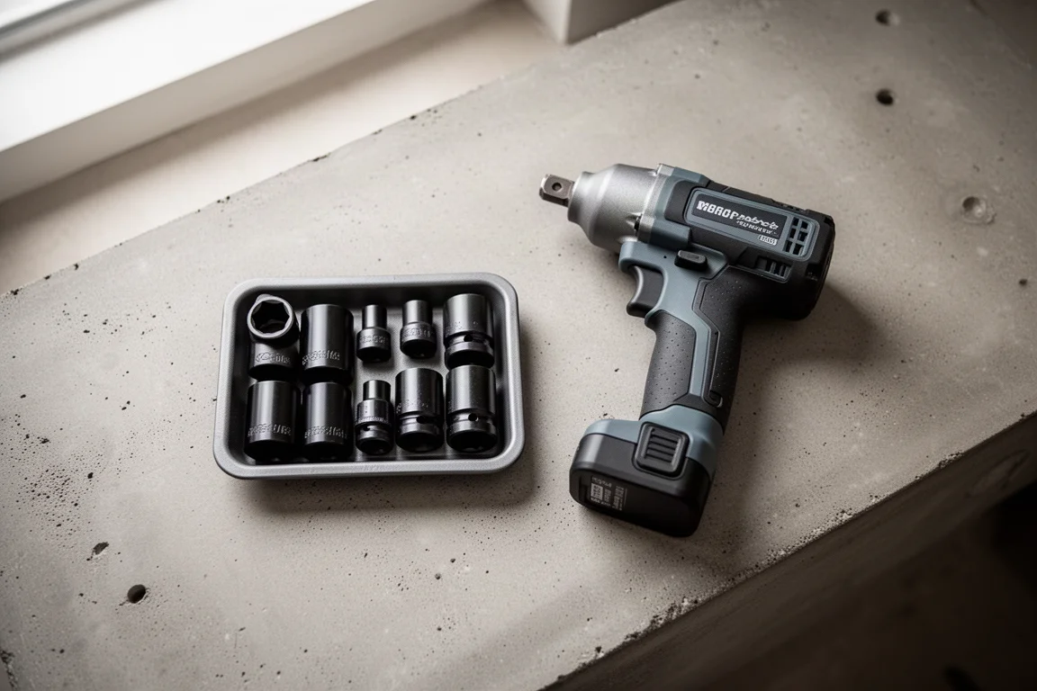 Juego de vasos de impacto colocados en un banco de trabajo junto a una llave de impacto compacta
