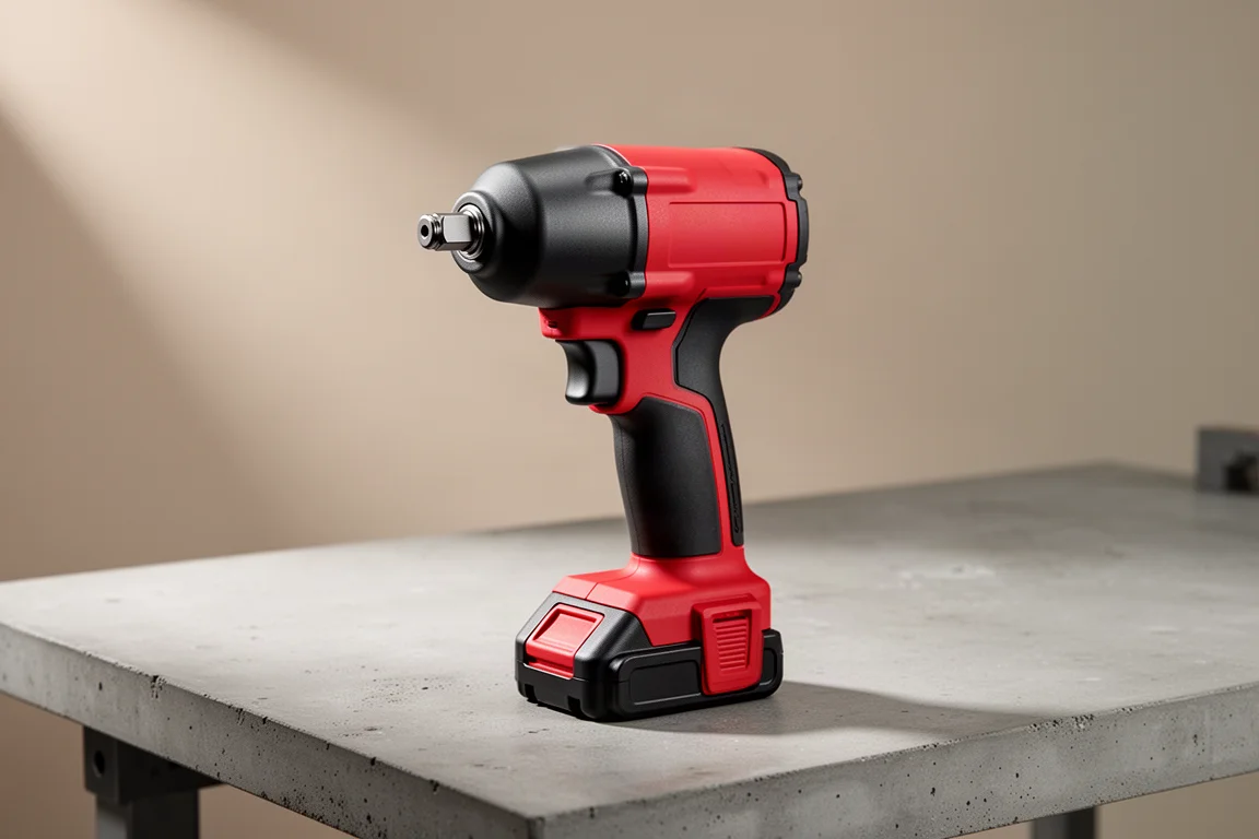 Avvitatore a impulsi subcompact a batteria compatto su una bancata da lavoro in cemento