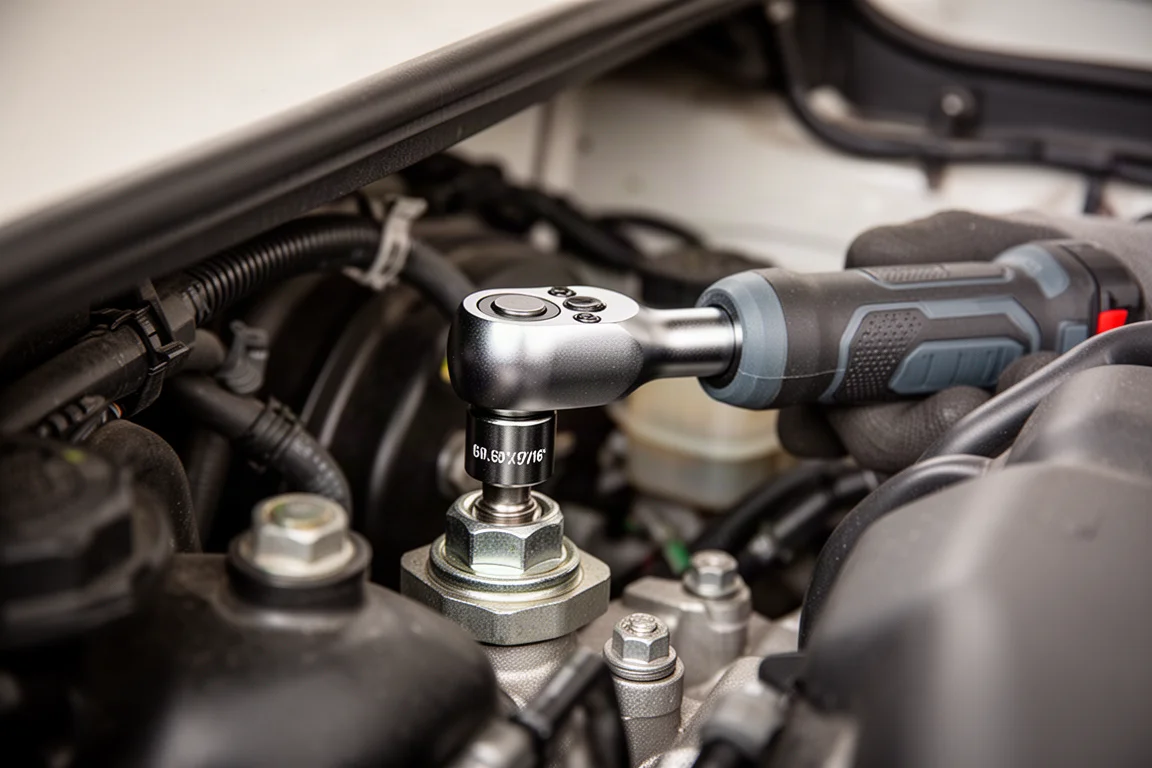 Catraca afrouxando uma porca nylock enferrujada em um soquete de 9/16 polegadas em um compartimento de motor apertado