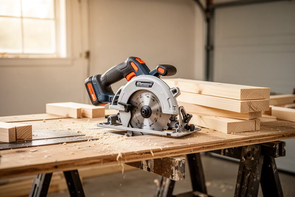 Compact cordless circular saw resting on a framing workbench with fresh-cut lumber