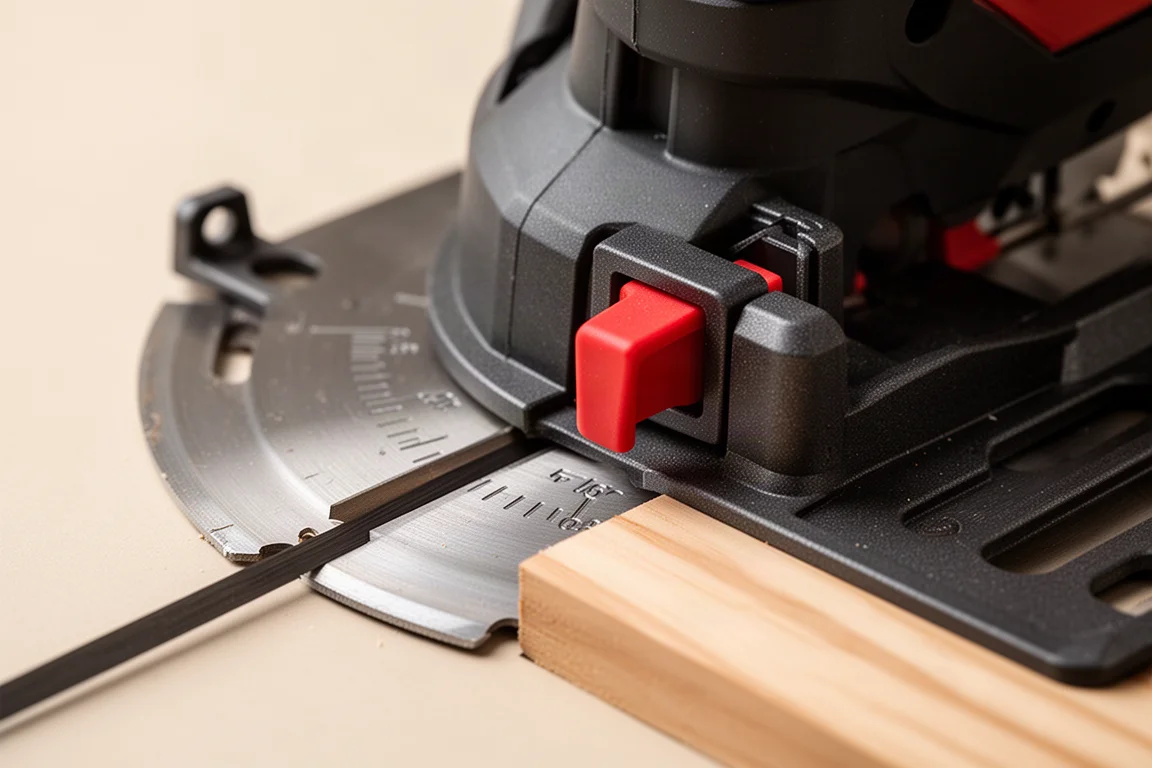 Close-up of a circular saw base plate showing the depth adjustment lever