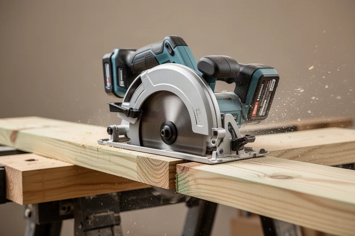 Circular saw cutting through a treated 2x6 board with the blade guard lifting cleanly