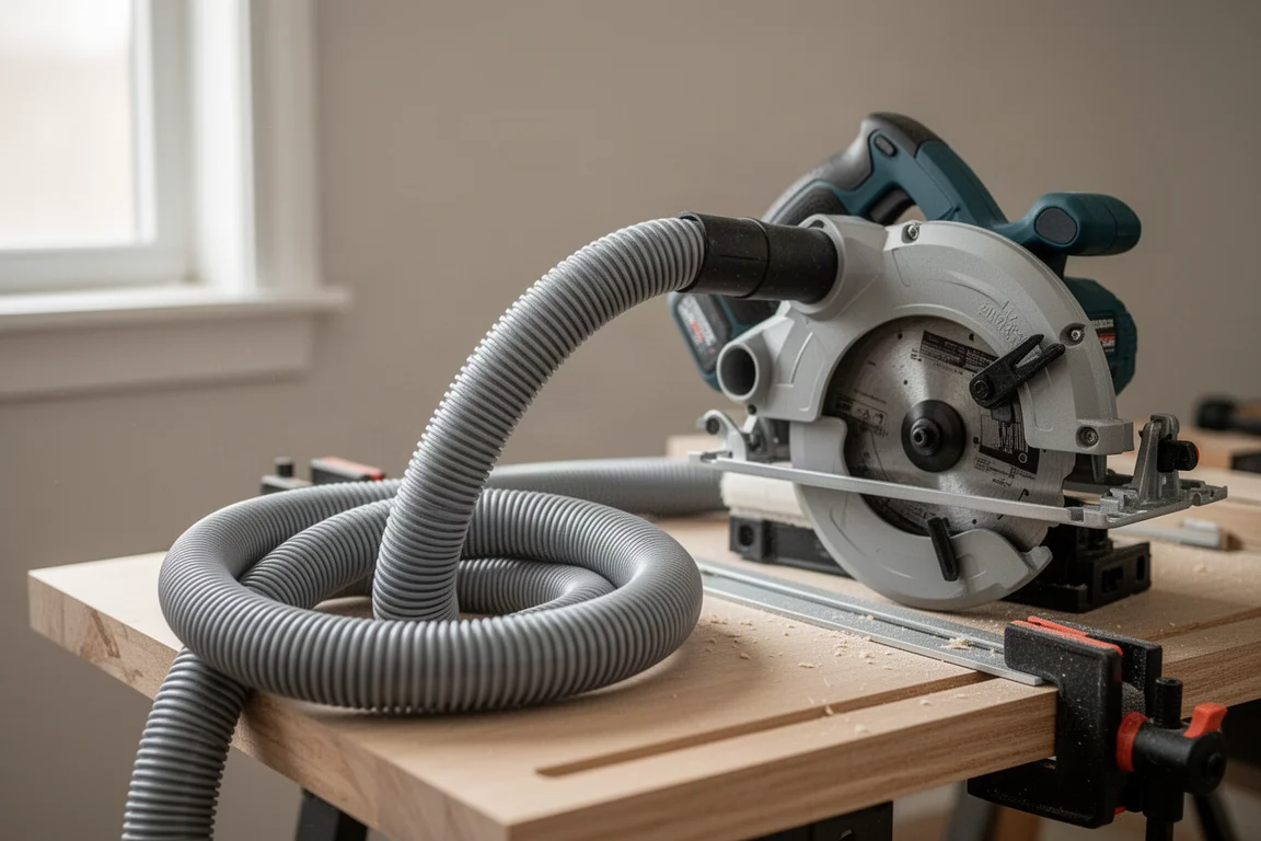 Workshop vacuum hose connected to the dust port on the back of a compact circular saw