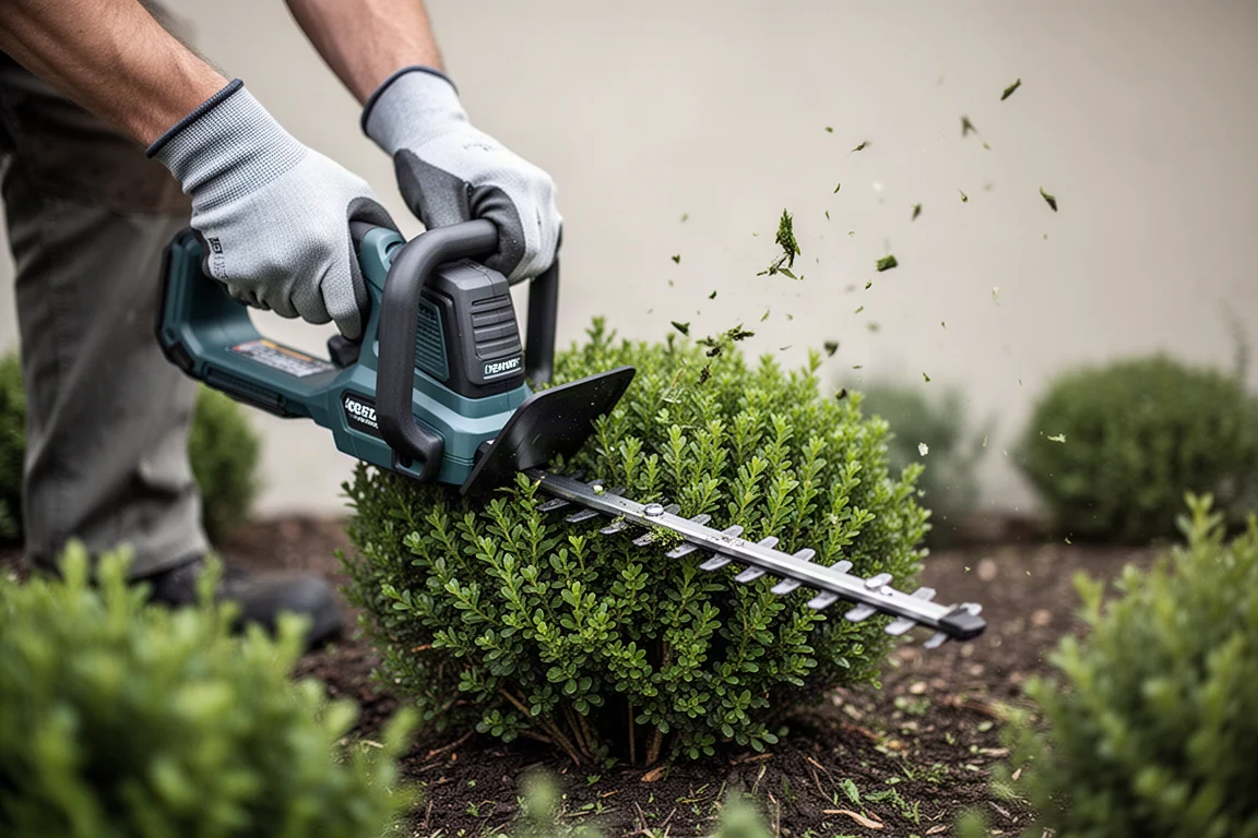 Jardinero podando un pequeño seto ornamental en un jardinera paisajista